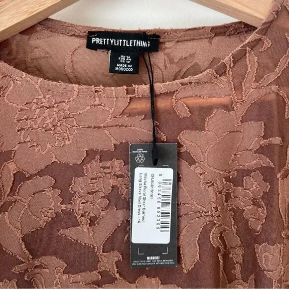 Pretty Little Thing Mocha Floral Sheer Burnout Maxi Dress Long Sleeve NEW Sz 12 - Picture 5 of 9